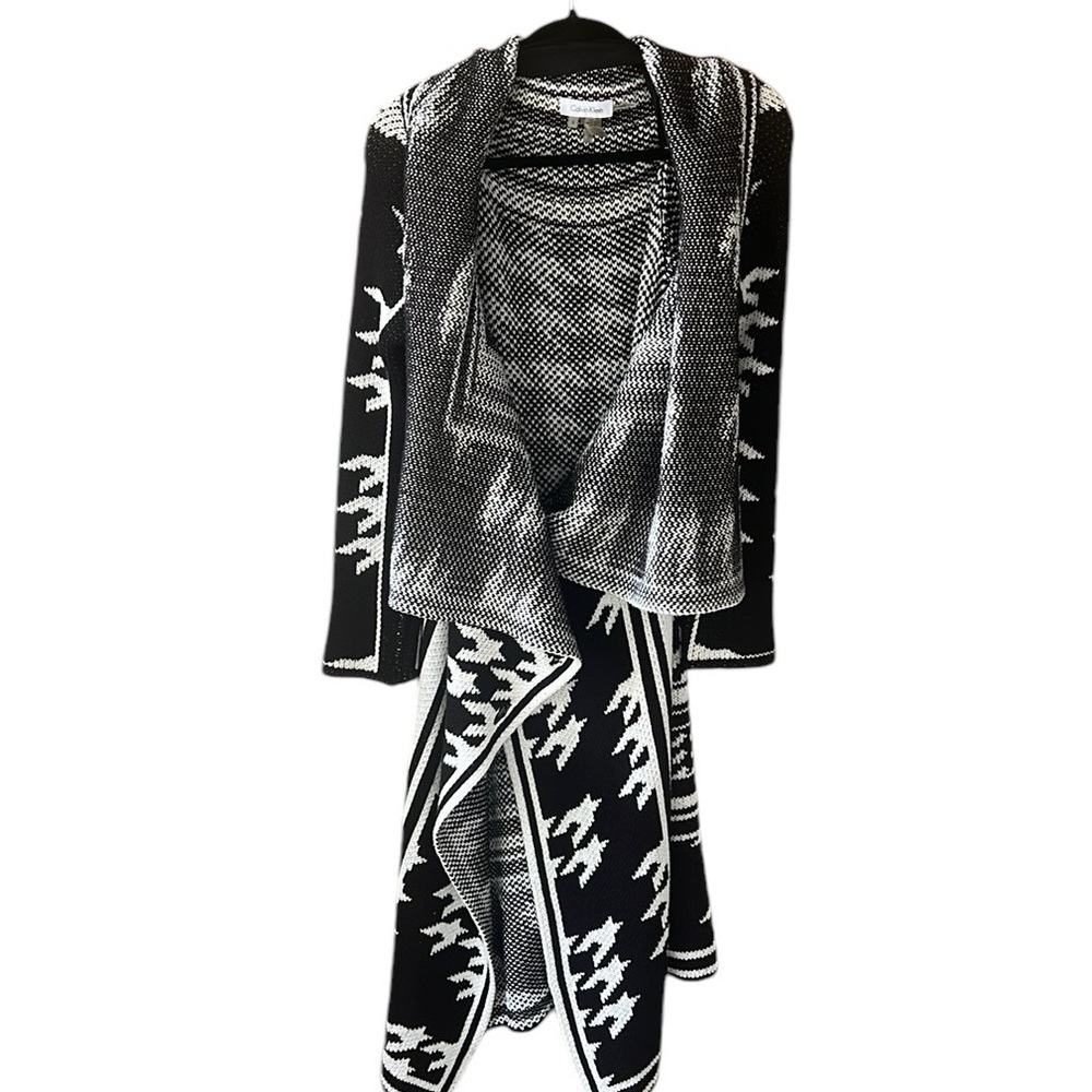 Calvin Klein Houndstooth Black White Oversized Open Front Cardigan Duster Coat S